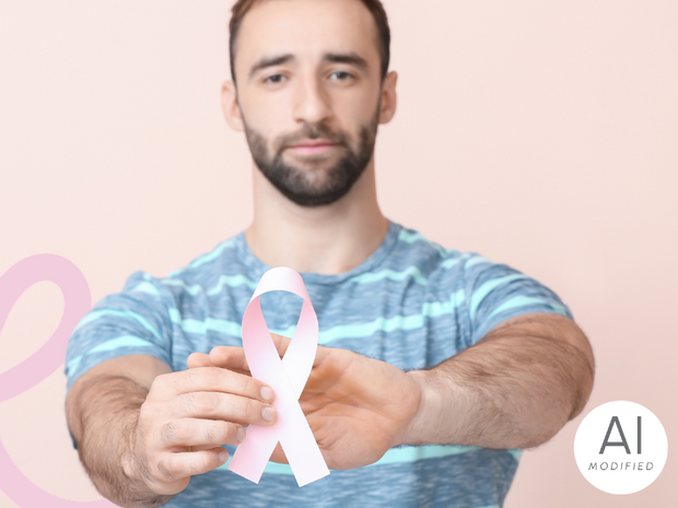 Ein Mann hält die pinke Schleife für Brustkrebs in die Kamera