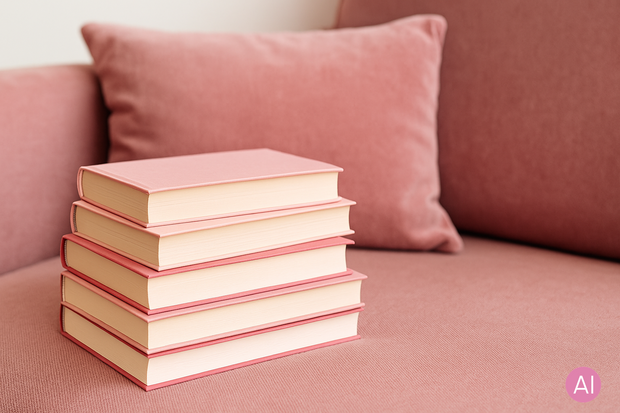 Stapel pinker Bilder auf pink farbener Couch.